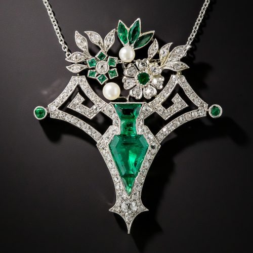 Art Deco Emerald and Diamond Floral and Amphora Motif Necklace c.1915-25.