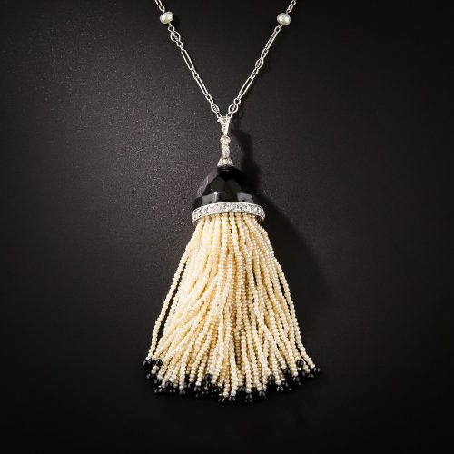 Art Deco Onyx and Pearl Tassel Necklace c.1920s.