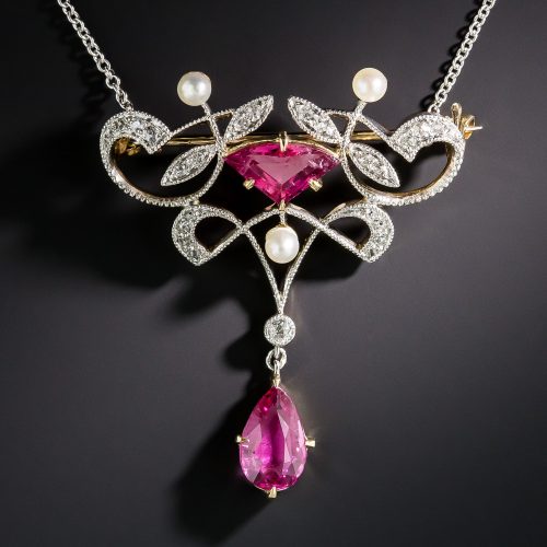 Art Nouveau Pink Tourmaline Pendant Brooch.