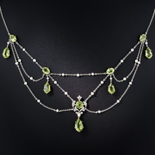 Edwardian Peridot, Diamond and Pearl Swag Necklace.
