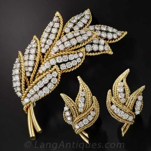 Mid-Century Diamond Leaf Brooch and Earrings