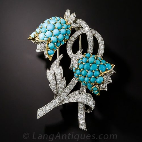 Diamond and Turquoise Platinum Bellflower Brooch,