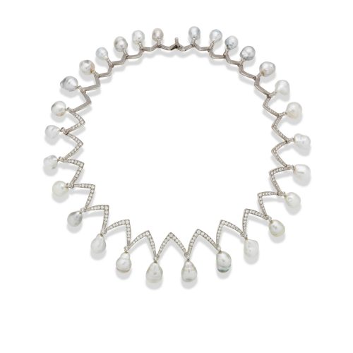 Baroque Cultured Pearl and Diamond “Tale of Tahiti” Necklace, Grima, 1974. Photo Courtesy of Bonhams. ue Cultured Pearl and Diamond "Tale of Tahiti" Necklace, Grima, 1974. Photo Courtesy of Bonhams.