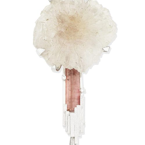 Pink Tourmaline, Rock Crystal and Gold “Sticks and Stones” Brooch, Grima, 1973. Photo Courtesy of Bonhams. Pink Tourmaline, Rock Crystal and Gold "Sticks and Stones" Brooch, Grima, 1973.
Photo Courtesy of Bonhams.
