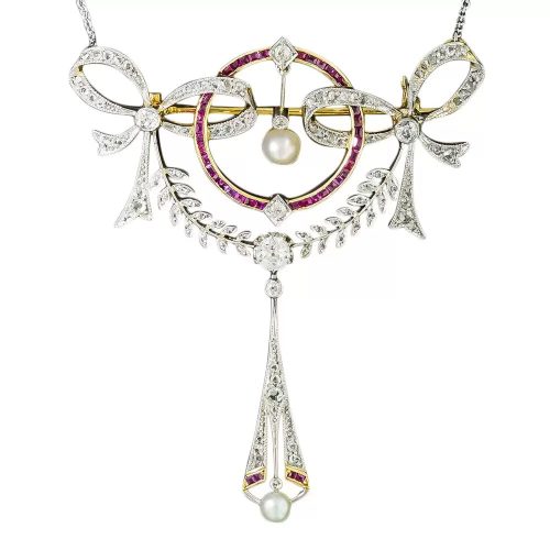 Edwardian Diamond, Ruby, and Pearl Bow Pendant. Edwardian Diamond, Ruby, and Pearl Bow Pendant.