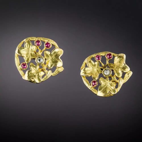 Ruby and Diamond Leaf Motif Ear Studs.