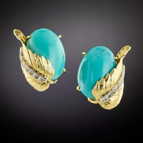 Tourquoise and Diamond Leaf Motif Earrings.