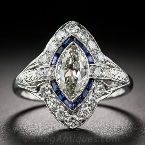 Art Deco Marquise-Cut Diamond and Sapphire Engagement Ring.