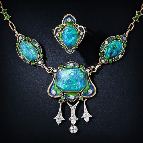Art Nouveau Black Opal and Enamel Necklace and Ring.