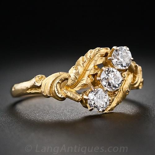 Art Nouveau Three-Stone Diamond and 18k Yellow Gold Leaf Motif Engagement Ring