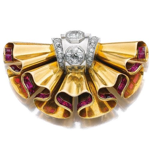 Retro Boivin Ruffled Diamond and Ruby Accented Brooch.