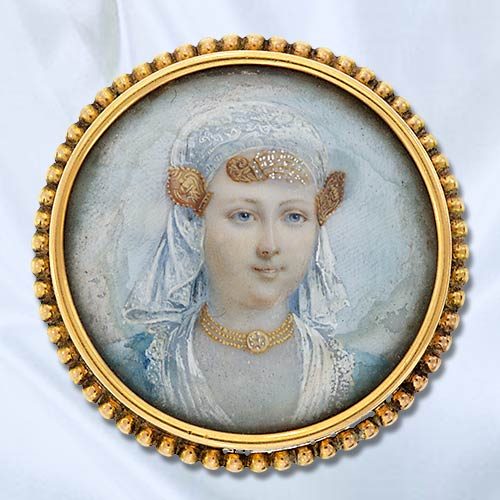 Victorian Bridal Miniature on Ivory with Gold Embellishments.