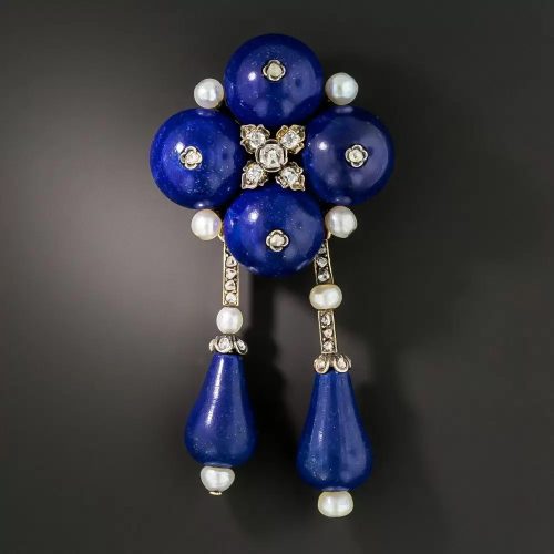 Circa 1900 French Lapis, Diamond, and Pearl Brooch.