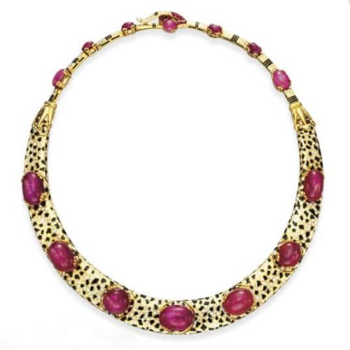 Cartier Art Deco Star Ruby, Diamond and Enamel Collar, c.1935.
