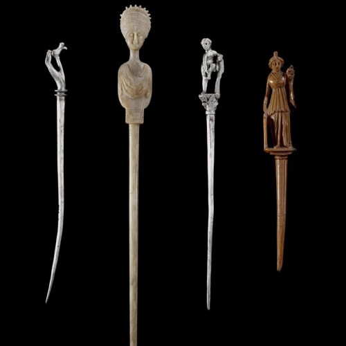 Collection of Romano-British Era Bone and Silver Hairpins (Acus Crinalis). © The Trustees of the British Museum.