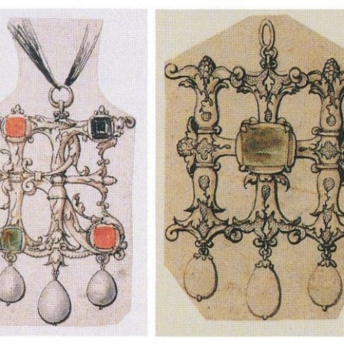 Two Holbein Pendant Designs for Jeweled Initials. © The Trustees of the British Museum. Two Holbein Pendant Designs for Jeweled Initials. © The Trustees of the British Museum.