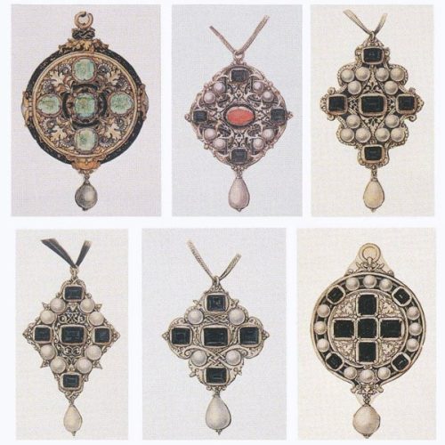 Designs_for_Pendant_Jewels_by_Hans_Holbein_ Six designs for Pendant Jewels; Ink and Washes on Paper