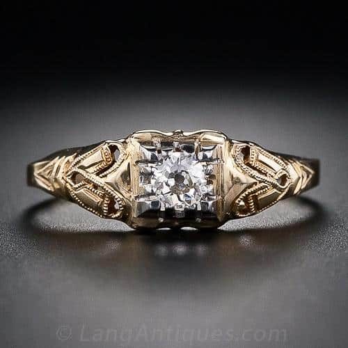 Two-Tone Gold Diamond Ring from the 1920s-30s with Millegrained Openwork Design.