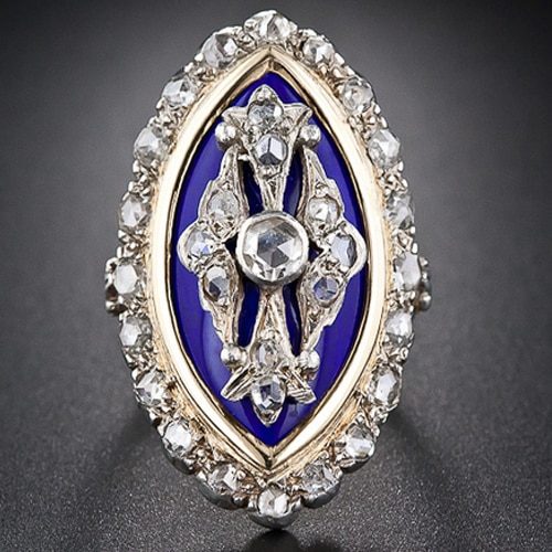 French Diamond and Enamel Navette Shaped Ring, c.18th Century.