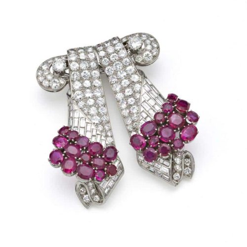 Diamond and Ruby Double Clip Brooch, Signed Drayson, London.