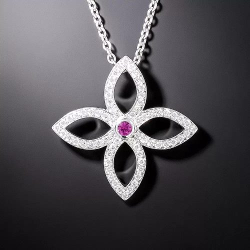 Signed Louis Vuitton Pandan Tiff Cracant Pink Sapphire and Diamond Necklace.