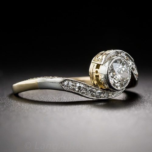 Edwardian Diamond and Platinum Topped Gold Engagement Ring with Hand Engraved Shank.