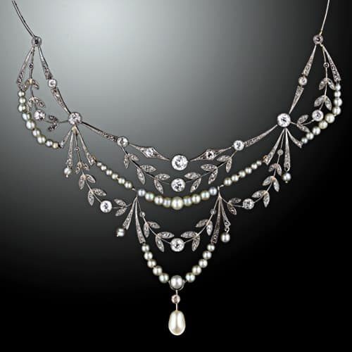 Edwardian_Diamond_Necklace Edwardian Diamond and Pearl Garland Necklace. c.1900