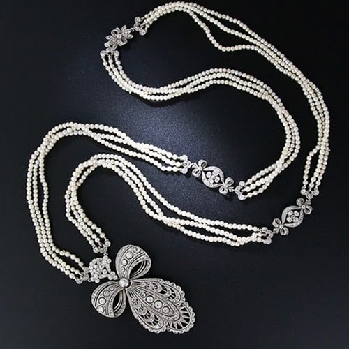 Edwardian Diamond and Natural Pearl Sautoir. Edwardian Diamond and Natural Pearl Sautoir.