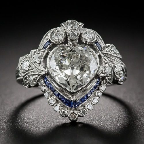 Edwardian Heart-Shaped Diamond and Sapphire Ring Surmounted by a Diamond Coronal Motif.