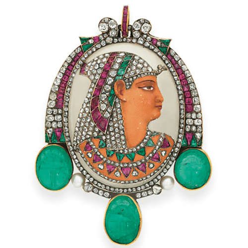 Egyptian Revival Enamel and Gem-Set Brooch Gustave Baugrand, c.1897. Photo Courtesy of Christie's.