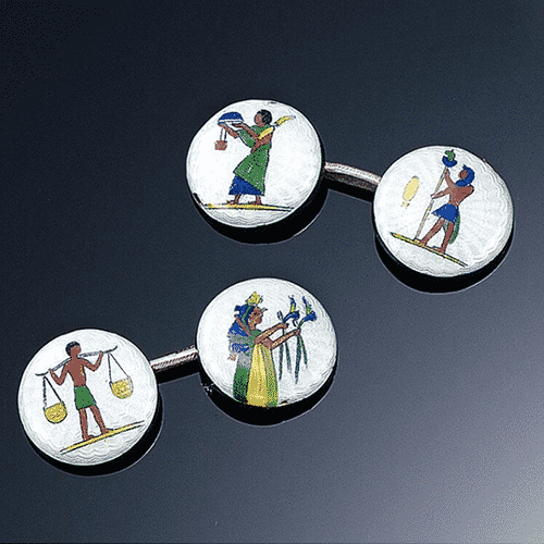 Egyptian Revival Polychrome Enamel Cuff Links. Photo Courtesy of Sotheby's.