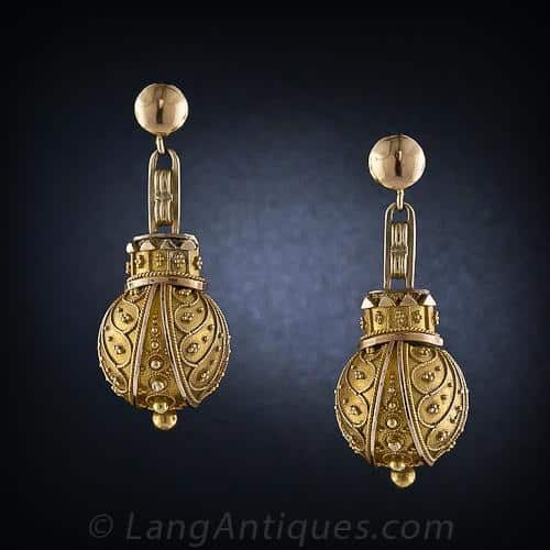 Victorian Etruscan Revival Ball Form Earrings with Granulation and Wirework Decoration.