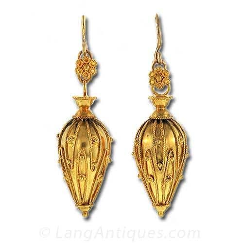 Victorian Etruscan Revival Urn Form Earrings with Granulation and Wirework Decoration.