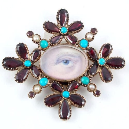 Eye Miniature Set in a Brooch Garnet, Turquoise and Pearl Frame c.1800.