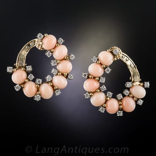 Mid-Century Hoop Style Coral and Diamond Ear Clips.