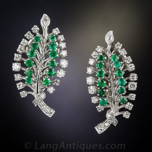 Stylized Emerald and Diamond Leaf Motif Earrings.