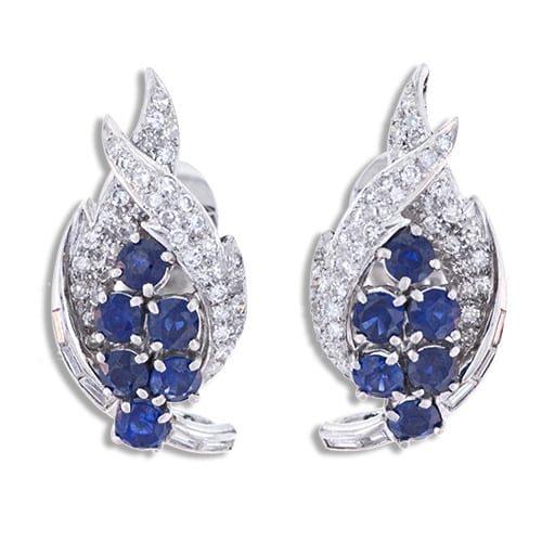 Mid-Century Sapphire and Diamond Ear Clips.