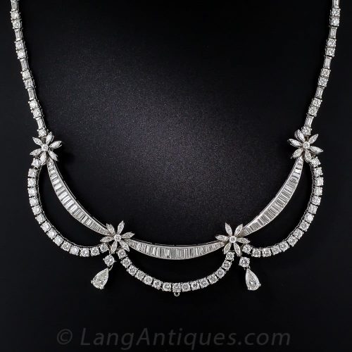 Diamond, Platinum Swag Necklace with Floral Motifs. Diamond, Platinum Swag Necklace
