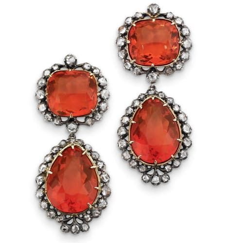 Fire Opal and Diamond “Top and Drop” Earrings. Early 19th Century. Photo Courtesy of Bonhams.
