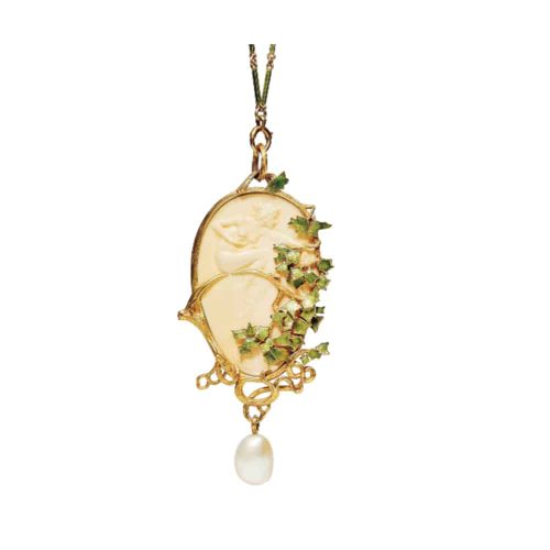 Art Nouveau Galalith, Enamel and Pearl Pendant Necklace, René Lalique. Photo Courtesy of Christie's.
