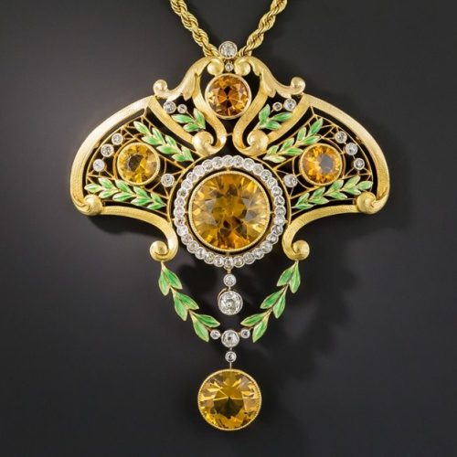 Art Nouveau Citrine, Diamond and Enamel Pendant Necklace.
