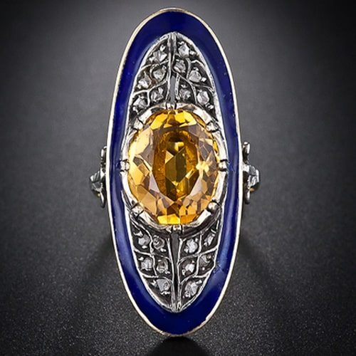 Georgian Citrine, Rose Cut Diamond and Enamel Ring. Georgian Citrine, Rose Cut Diamond and Enamel Ring.