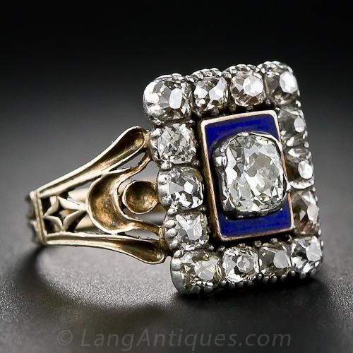 Georgian Diamond, Cobalt Blue Enamel, Silver and Yellow Gold Engagement Ring.