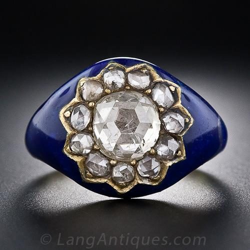 Georgian Diamond Engagement Ring Cobalt Blue Enamel. ©