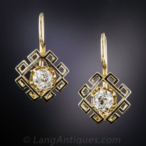 Victorian Diamond and Enamel Greek Key Motif Earrings.