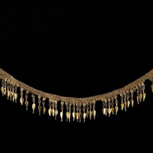 Helenistic Strap Necklace Suspending a Fringe of Seed Shaped Pendants. c.300BC.