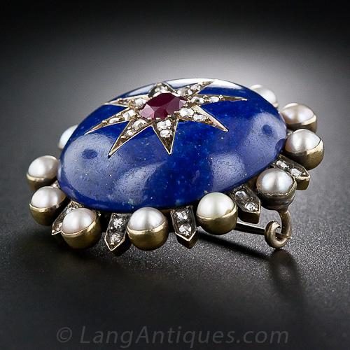 Victorian Eight-Pointed Star of Rose-Cut Diamonds Radiating from a Burmese ruby Center in a Lapis Lazuli Sky.
