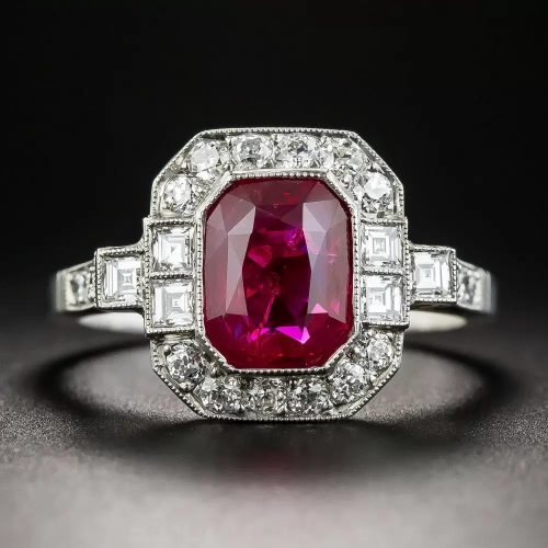 Platinum Ring with 2.34 Ct. Burmese Ruby, Diamonds and Millegrain Details.
