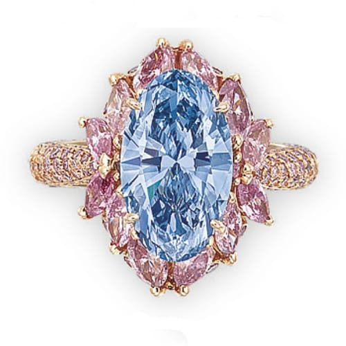 Moussaieff Vivid Blue Oval-Cut Diamond with Pink Diamond Surround.
