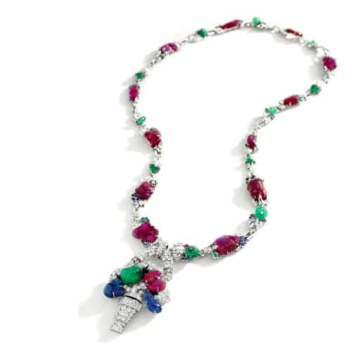 Carved Gemstone and Diamond Necklace by Mauboussin, 1929. Photo Courtesy of Sotheby's.